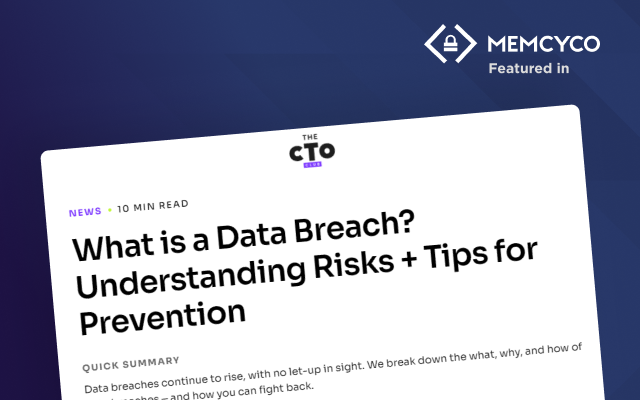 A webpage displaying an article titled "What is a Data Breach? Understanding Risks + Tips for Data Breach Prevention," featured on the CTO Club, with the MEMCYCO logo in the corner.