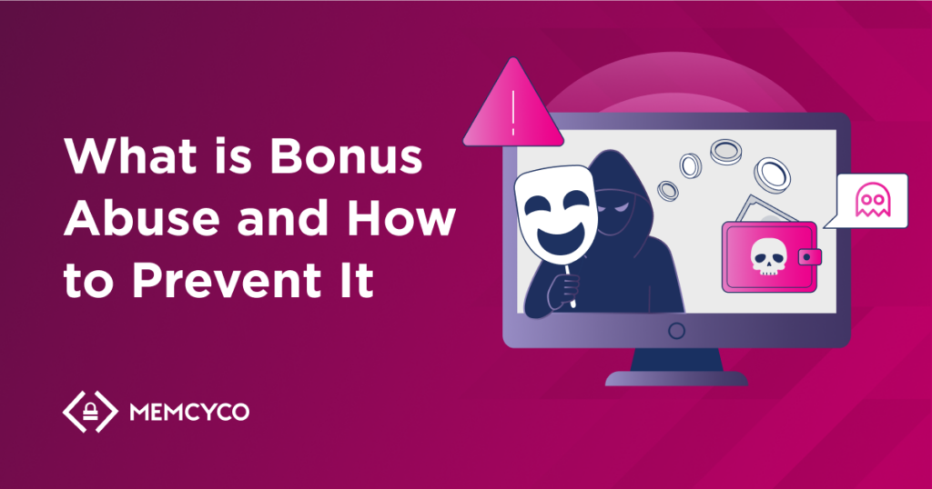 Illustration showing a masked figure and wallet with coins on a computer screen, with the text "Bonus Abuse: What is It and How to Prevent It" on a pink background.