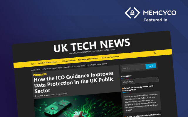 Screenshot of a UK Tech News article titled "How the ICO Guidance Improves Data Protection in the UK Public Sector," featuring a Memcyco Featured in badge at the top right.