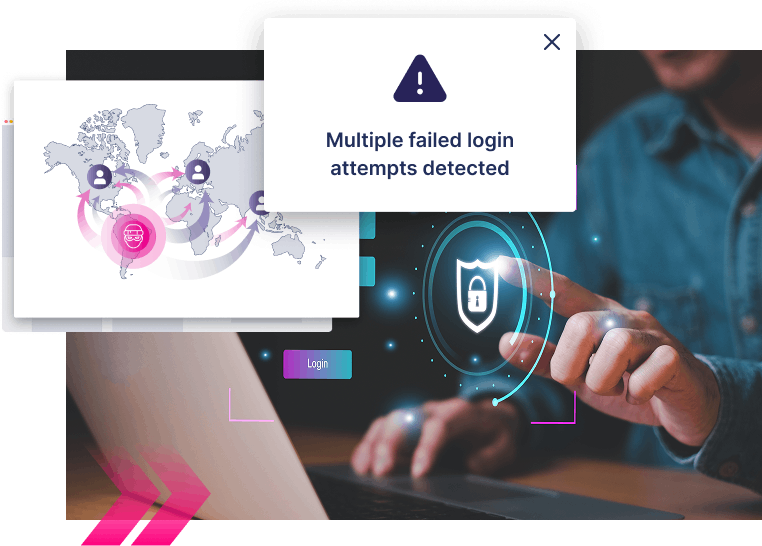 Person interacting with a virtual security interface on a laptop, monitoring alerts for multiple failed login attempts and a world map with security icons—working to stop more ATOs and keep online accounts secure.