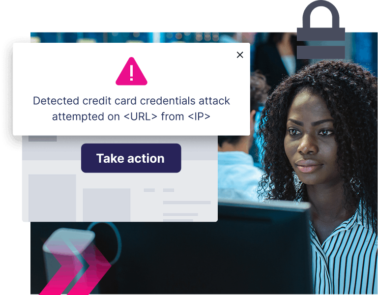 A woman looks at a computer screen with a security alert pop-up warning of detected Credit Card Scams, offering a "Take action" button.